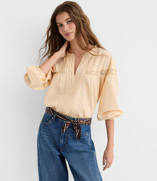 Petite Lace Trim Pintucked Ruffle Collar Blouse