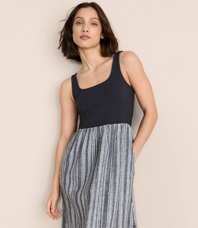 Lou & Grey Striped Square Neck Mixed Media Maxi Pocket Dress