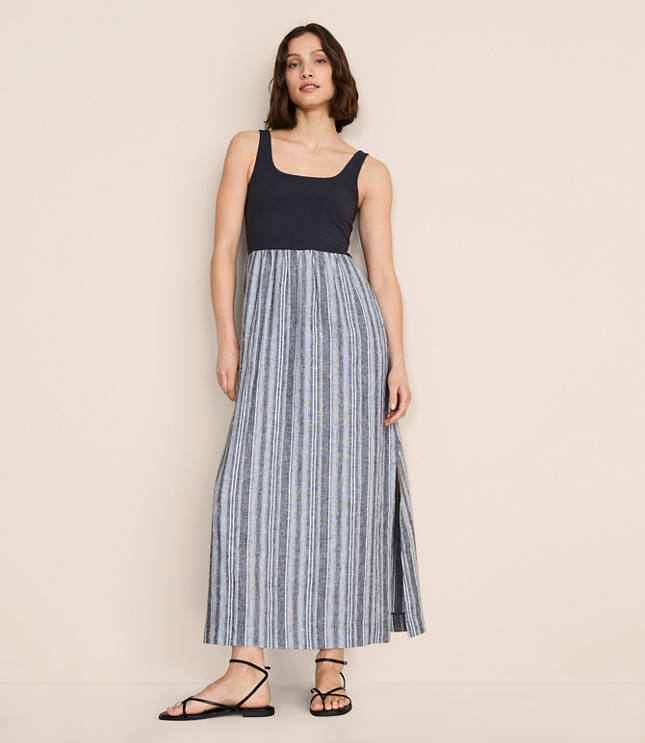 Lou & Grey Striped Square Neck Mixed Media Maxi Pocket Dress
