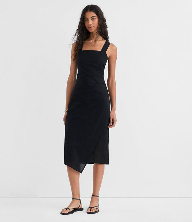 Petite Ruched Linen Cotton Square Neck Midi Dress
