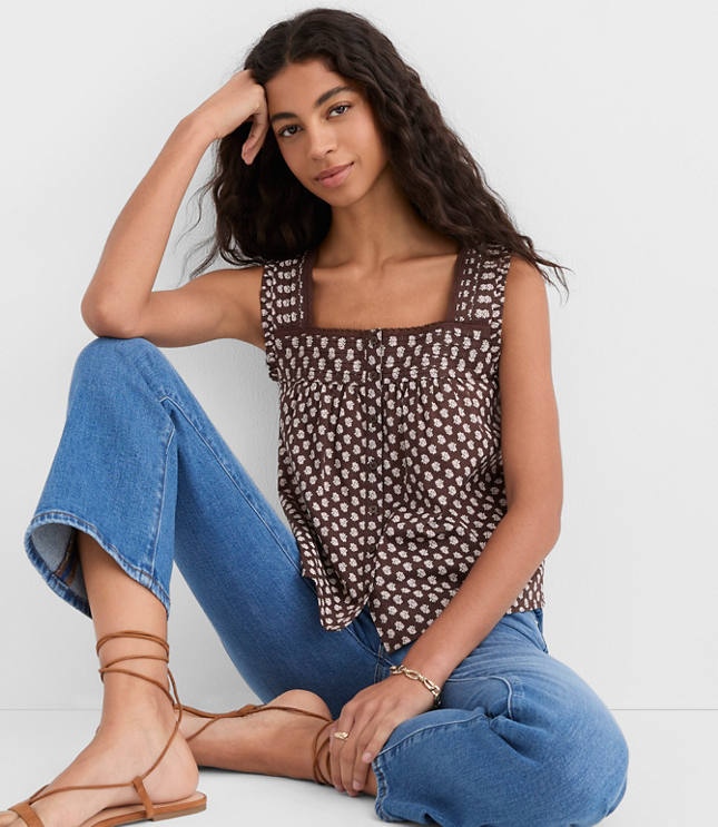 Petite Floral Pleated Square Neck Blouse