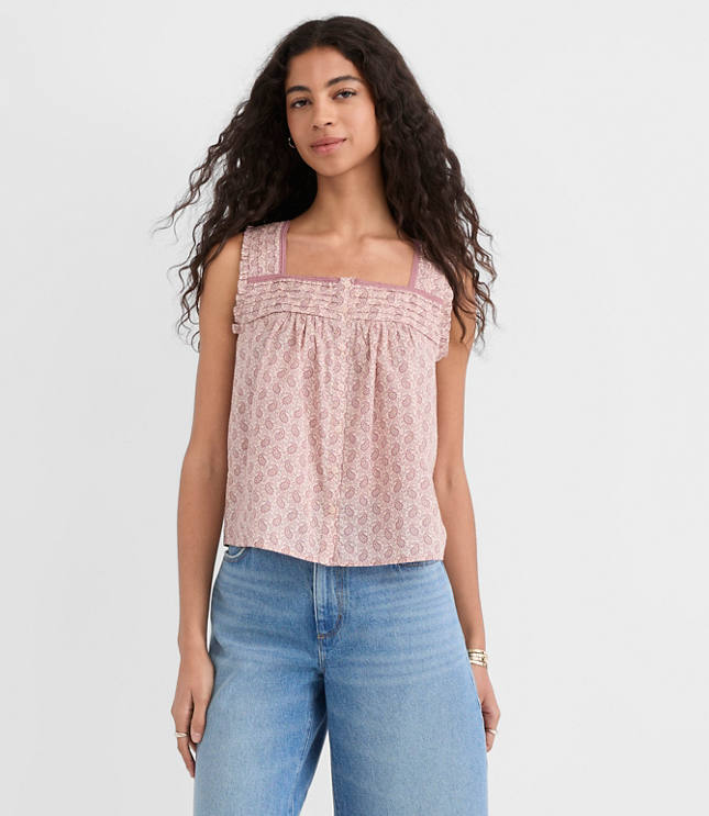 Petite Paisley Pintucked Square Neck Blouse