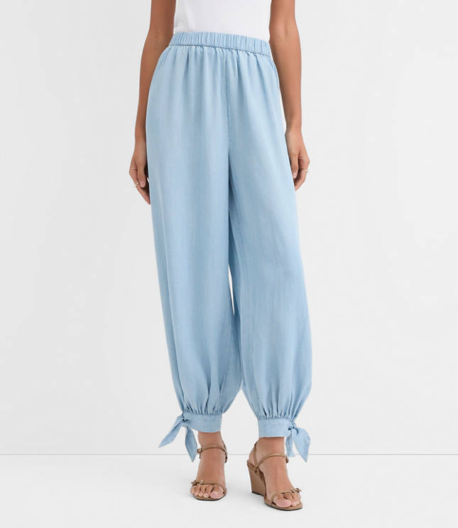 Petite Tie Cuff Harem Pants in Chambray