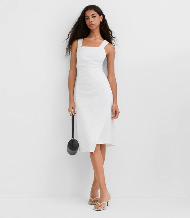 Petite Ruched Linen Cotton Square Neck Midi Dress