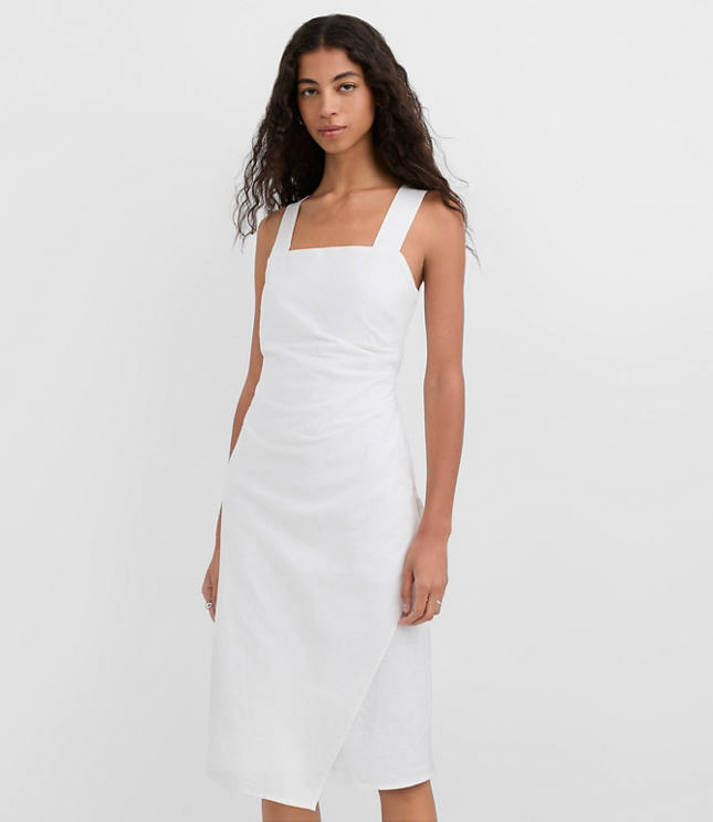 Petite Ruched Linen Cotton Square Neck Midi Dress