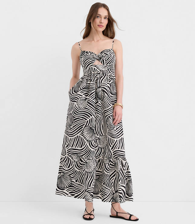Petite LOFT Beach Seashell Poplin Cutout Twist Maxi Pocket Dress