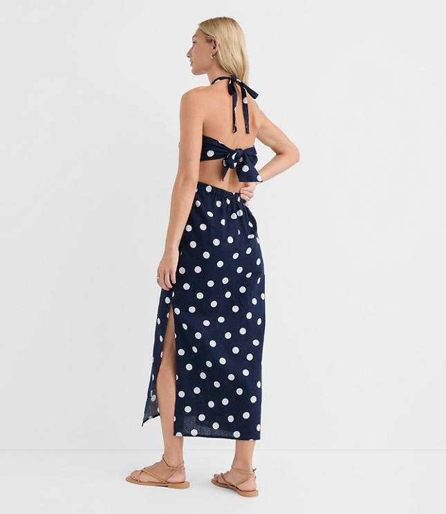 LOFT Beach Polka Dot Linen Cotton Cutout Halter Maxi Dress