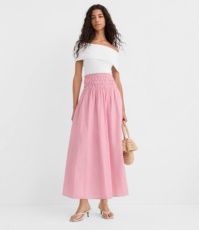 Petite Striped Smocked Midi Skirt