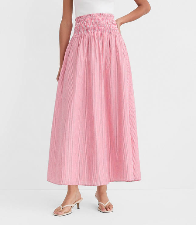 Petite Striped Smocked Midi Skirt