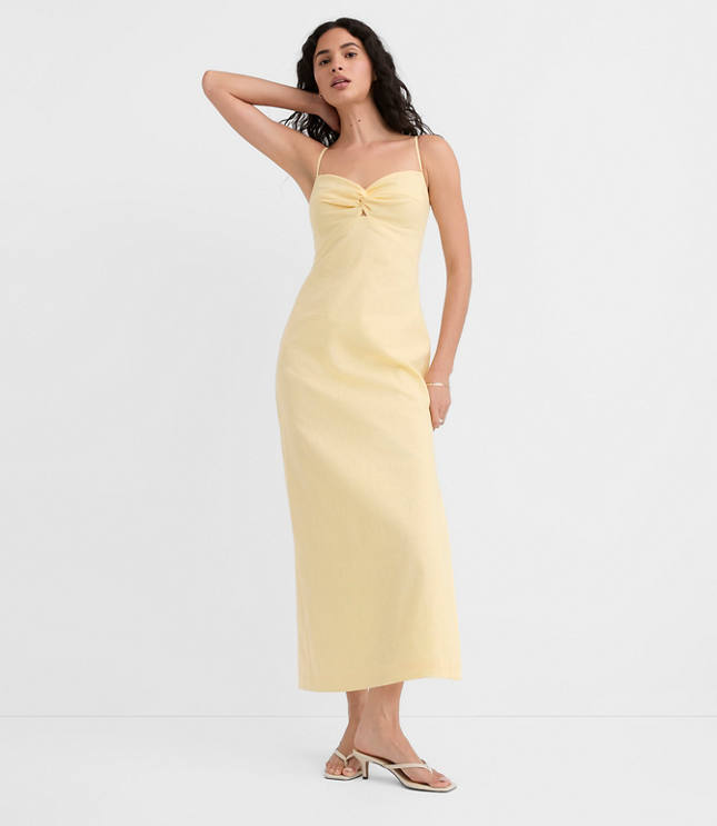 Petite Sun Palm Linen Cotton Cutout Twist Midi Dress