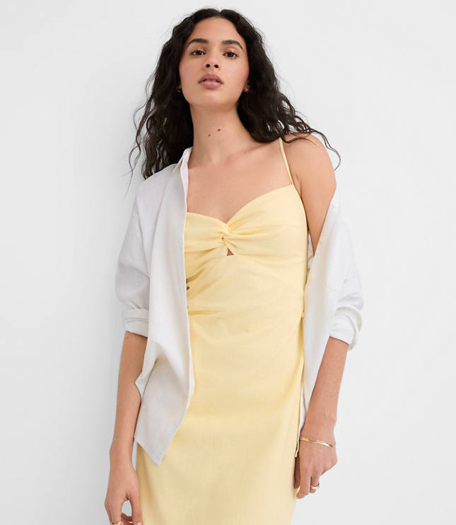 Petite Sun Palm Linen Cotton Cutout Twist Midi Dress