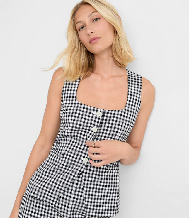 Petite Gingham Cutaway Pocket Vest