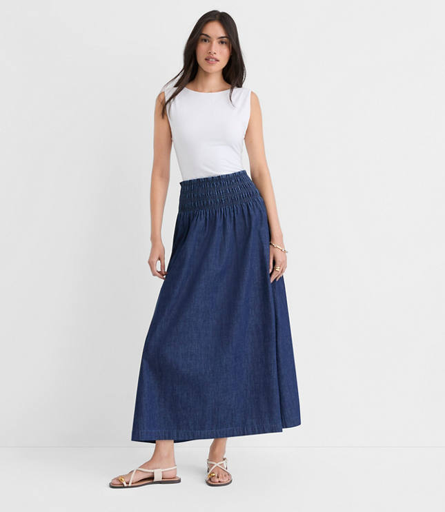 Petite Chambray Smocked Midi Skirt