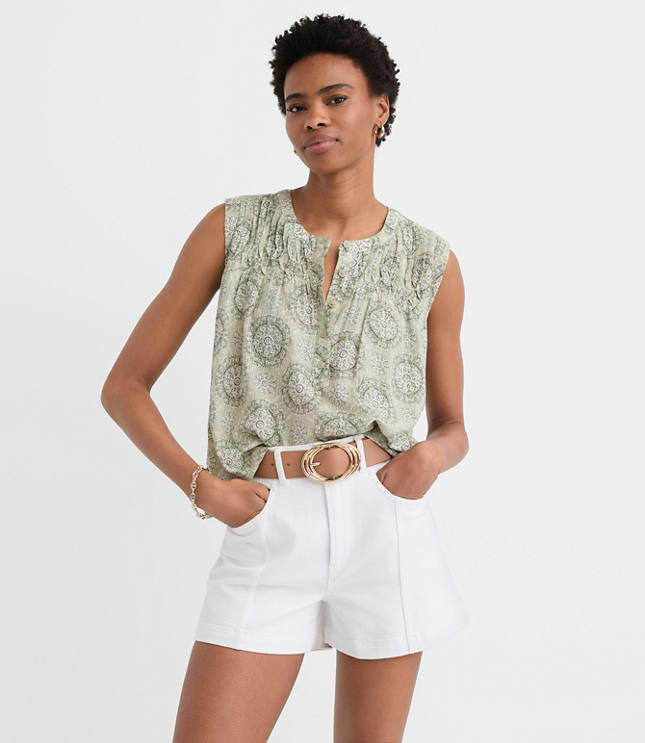 Petite Tiled Pleated Yoke Mixed Media Shell