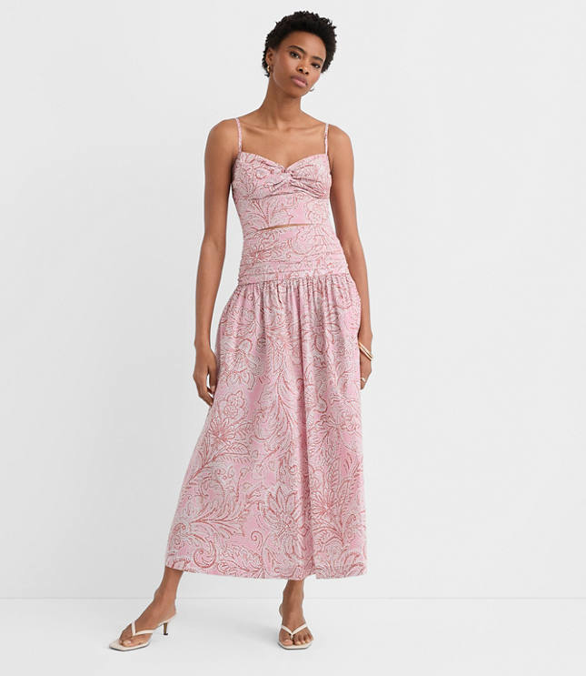 Floral Ruched Poplin Midi Skirt
