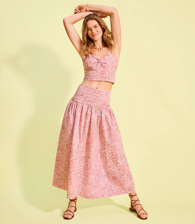 Floral Ruched Poplin Midi Skirt