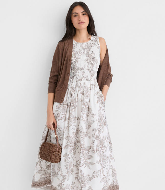 Petite Floral Toile Smocked Midi Pocket Dress