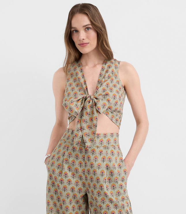 LOFT Beach Garden Linen Cotton Tie Front Top