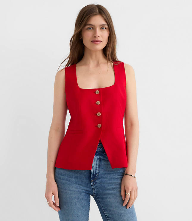 Petite Linen Blend Cutaway Pocket Vest