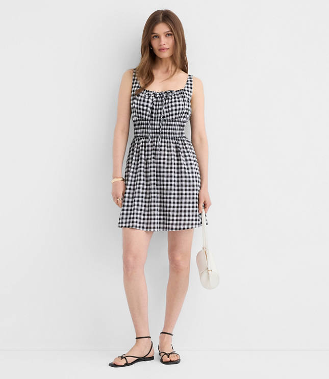 Petite Gingham Smocked Mini Pocket Dress