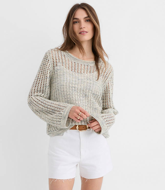 Petite Marled Open Stitch Flare Sleeve Sweater