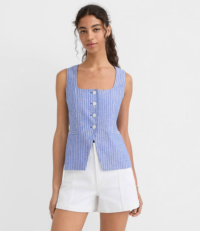 Striped Linen Cotton Cutaway Pocket Vest