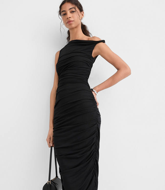 Petite Mesh Ruched One Shoulder Midi Dress carousel Product Image 1