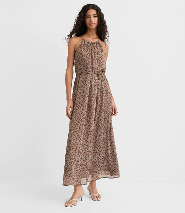 Petite Floral Tucked Maxi Halter Dress