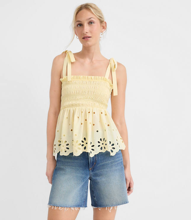 Petite Floral Eyelet Tie Strap Smocked Peplum Cami carousel Product Image 2