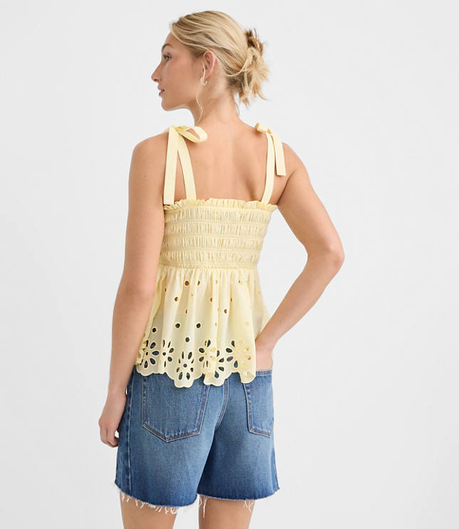 Petite Floral Eyelet Tie Strap Smocked Peplum Cami carousel Product Image 3