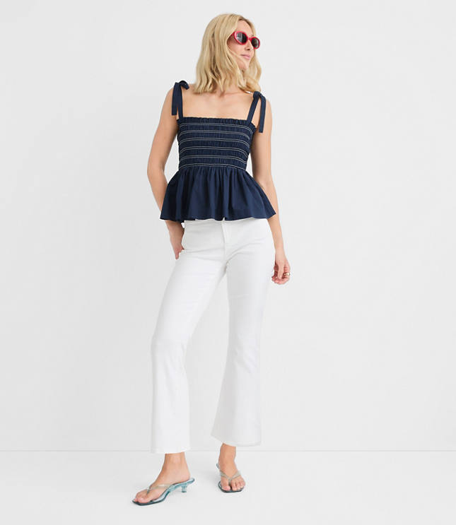 Petite Topstitched Poplin Tie Strap Smocked Peplum Cami carousel Product Image 3