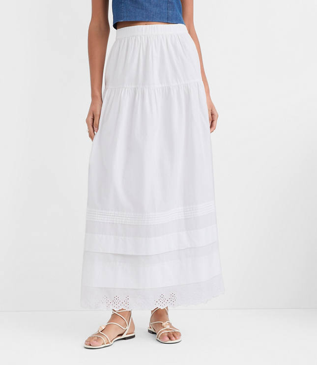 Petite Scalloped Eyelet Pintucked Maxi Skirt