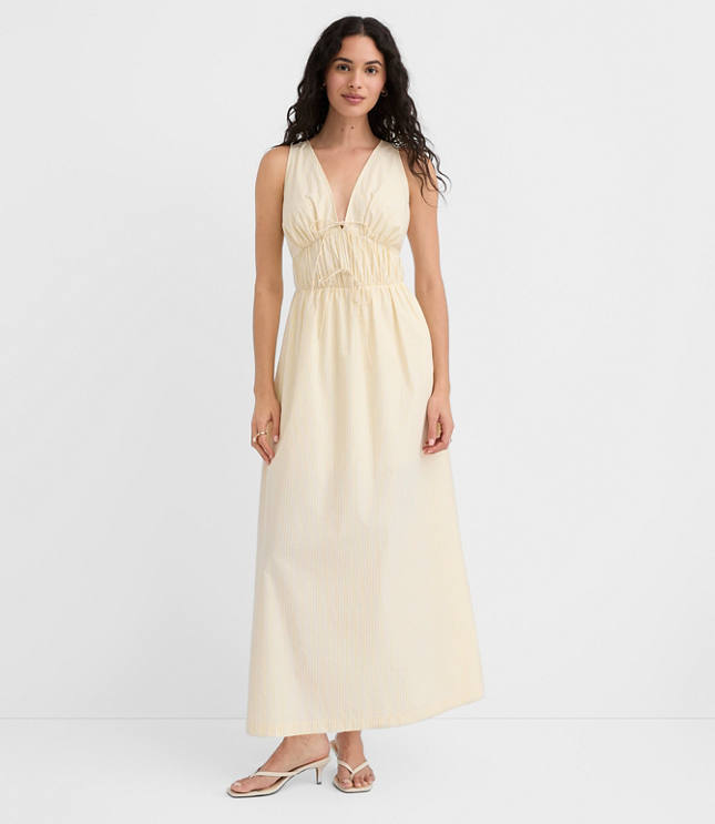Petite Striped Bow Poplin Midi Pocket Dress