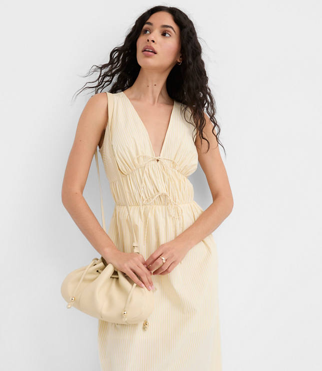 Petite Striped Bow Poplin Midi Pocket Dress