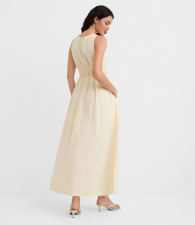 Petite Striped Bow Poplin Midi Pocket Dress