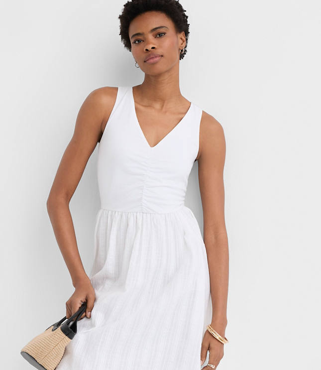 Stripe Ruched Mixed Media Midi Pocket Dress
