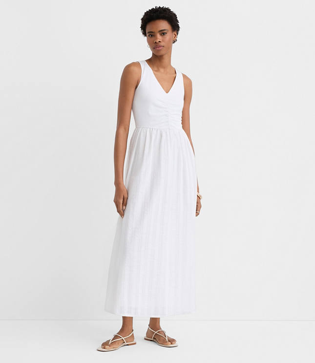 Stripe Ruched Mixed Media Midi Pocket Dress