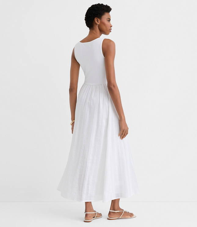 Stripe Ruched Mixed Media Midi Pocket Dress