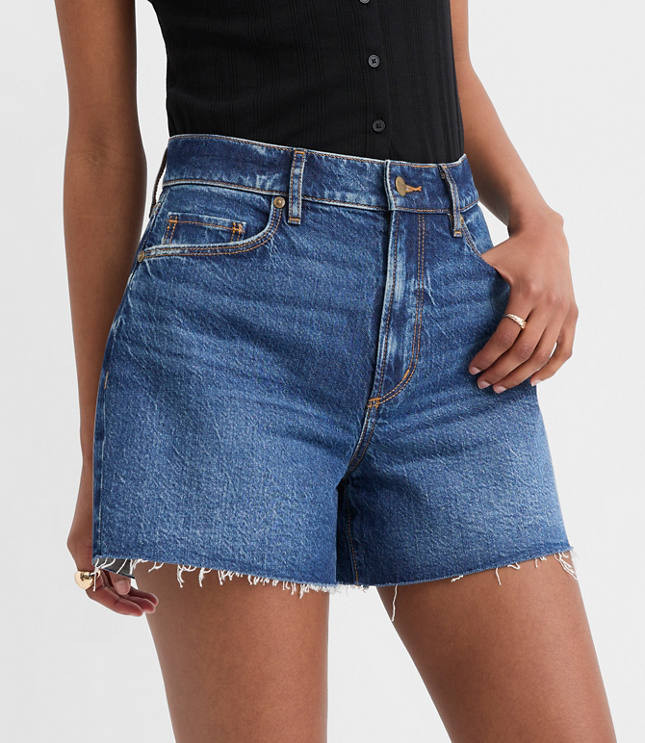 Rivete Curvy Destructed High Rise Cut Off Denim Shorts in Dark Wash