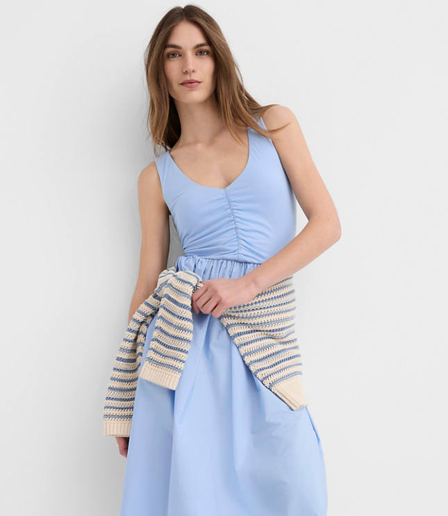 Petite Ruched Mixed Media Midi Pocket Dress
