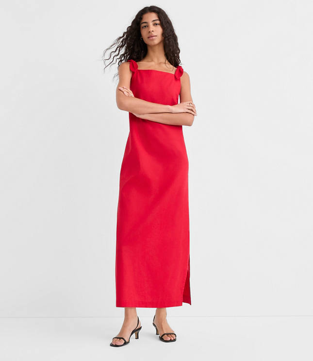 Petite Linen Cotton Tie Boatneck Midi Dress