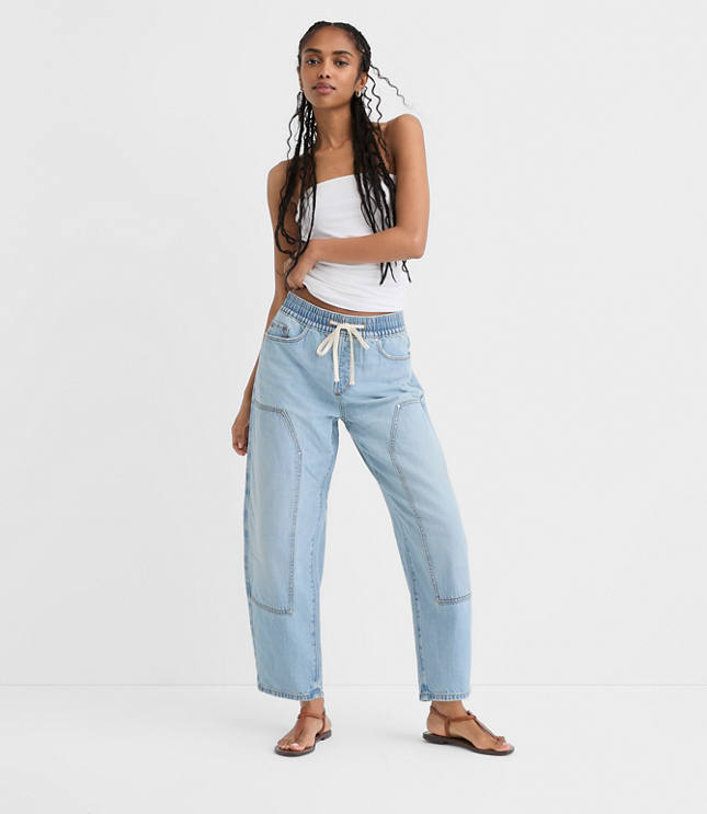 Rivete Petite Utility High Rise Barrel Jeans in Light Wash Indigo