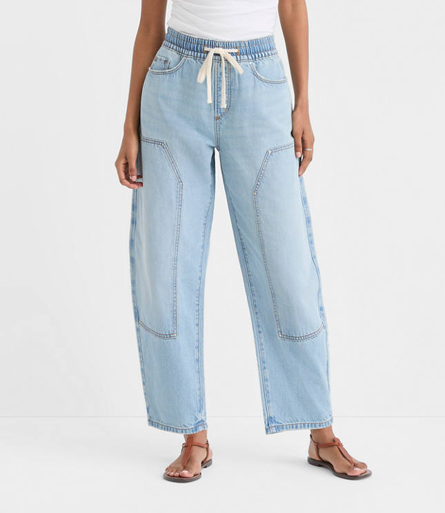 Rivete Petite Utility High Rise Barrel Jeans in Light Wash Indigo