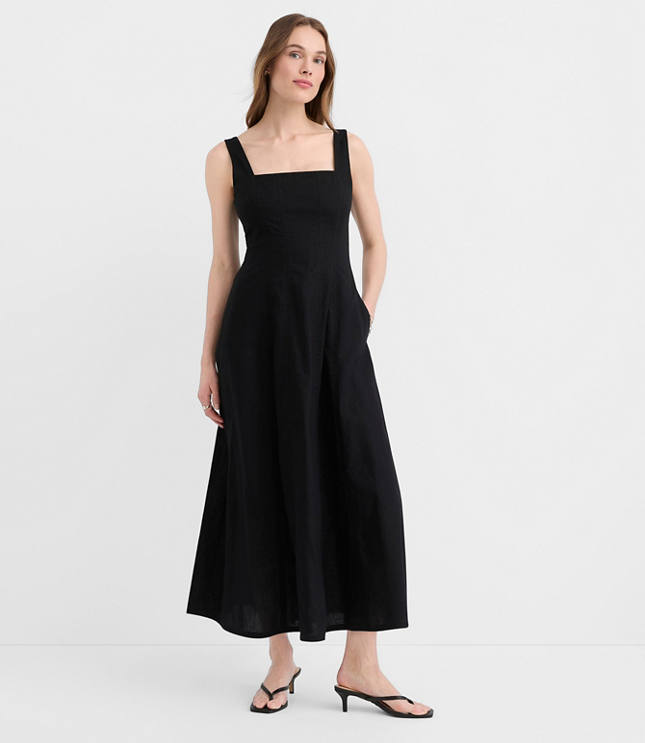 Petite Linen Cotton Seamed Midi Pocket Dress