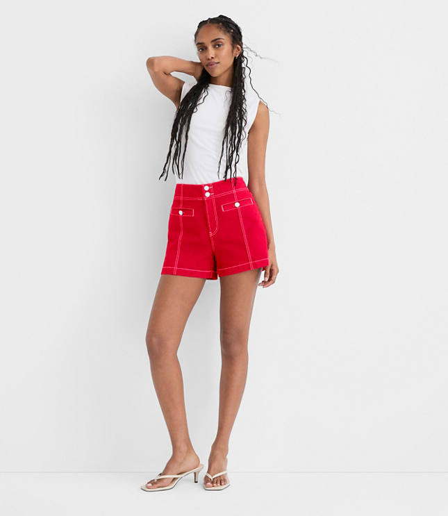 Rivete Petite Double Shank High Rise Denim Shorts in Maple Cherry