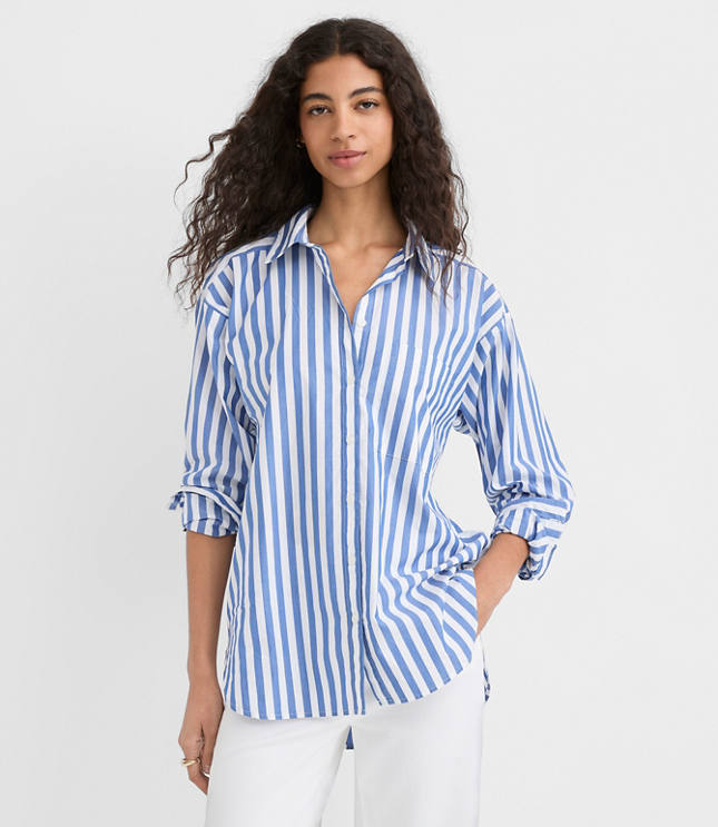 Petite Striped Poplin Everyday Oversized Pocket Shirt carousel Product Image 1