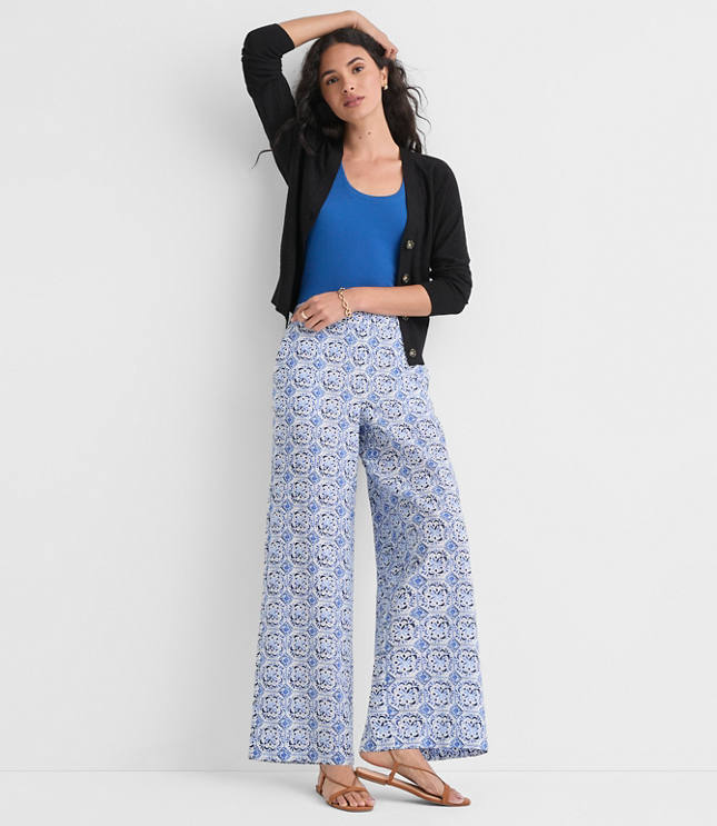 Petite Pull On Wide Leg Pants in Mosaic Linen Cotton carousel Product Image 1