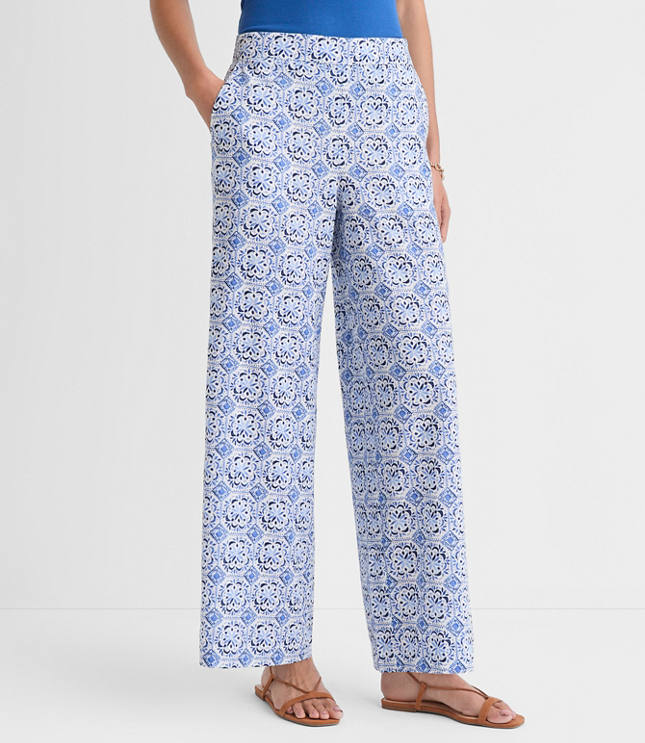 Petite Pull On Wide Leg Pants in Mosaic Linen Cotton carousel Product Image 2