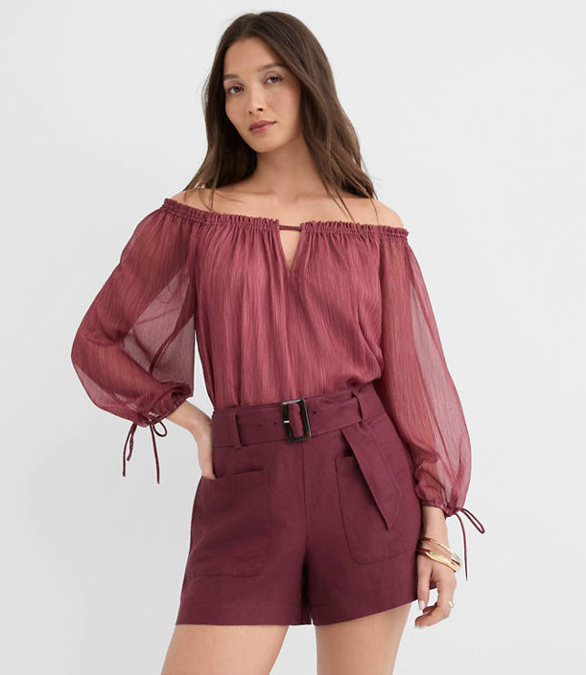 Petite Striped Tie Cuff Off The Shoulder Blouse