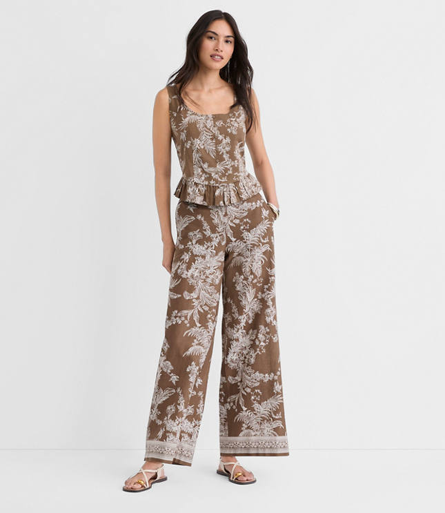 Petite Floral Pull On Wide Leg Pants in Linen Cotton